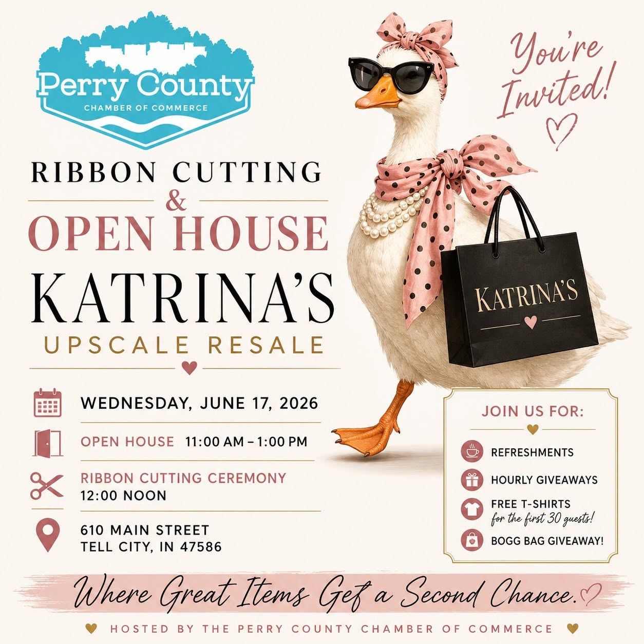 Katrinas upscale resale open house invitation for Perry County community event.