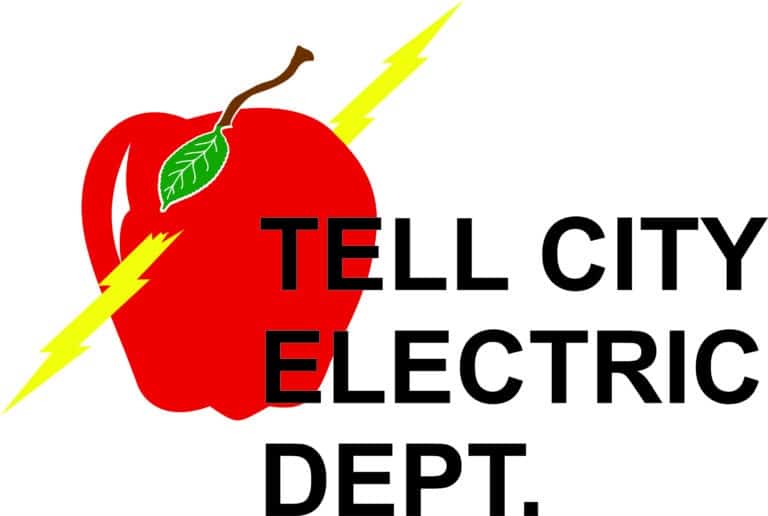 Tell City Electric Department logo featuring an apple and lightning bolts.