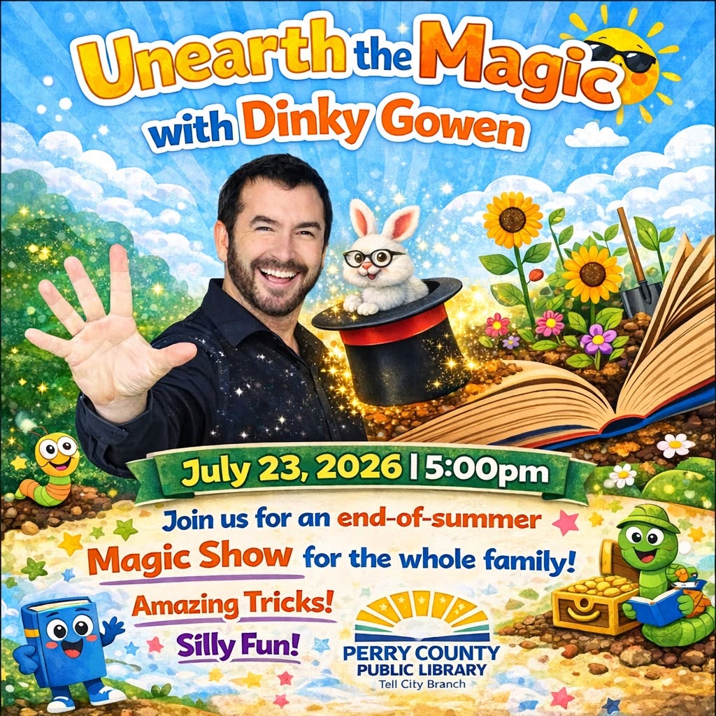 Magic show with Dinky Gowen at Perry County Library on July 23, 2026. Enjoy fun!
