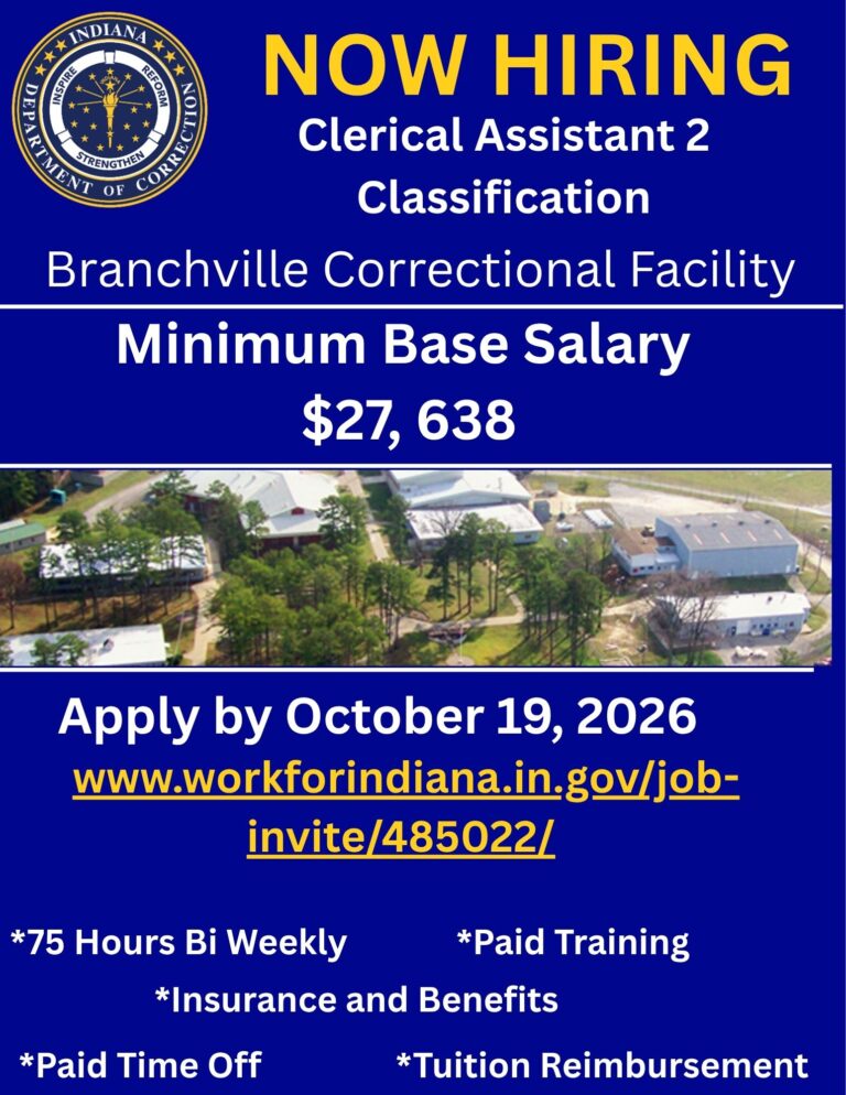 Now hiring clerical assistant at Branchville Correctional Facility, competitive salary and benefits.