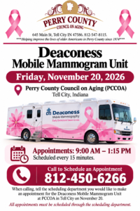 Deaconess Mobile Mammogram appointments available November 20, 2026, in Tell City, Indiana.
