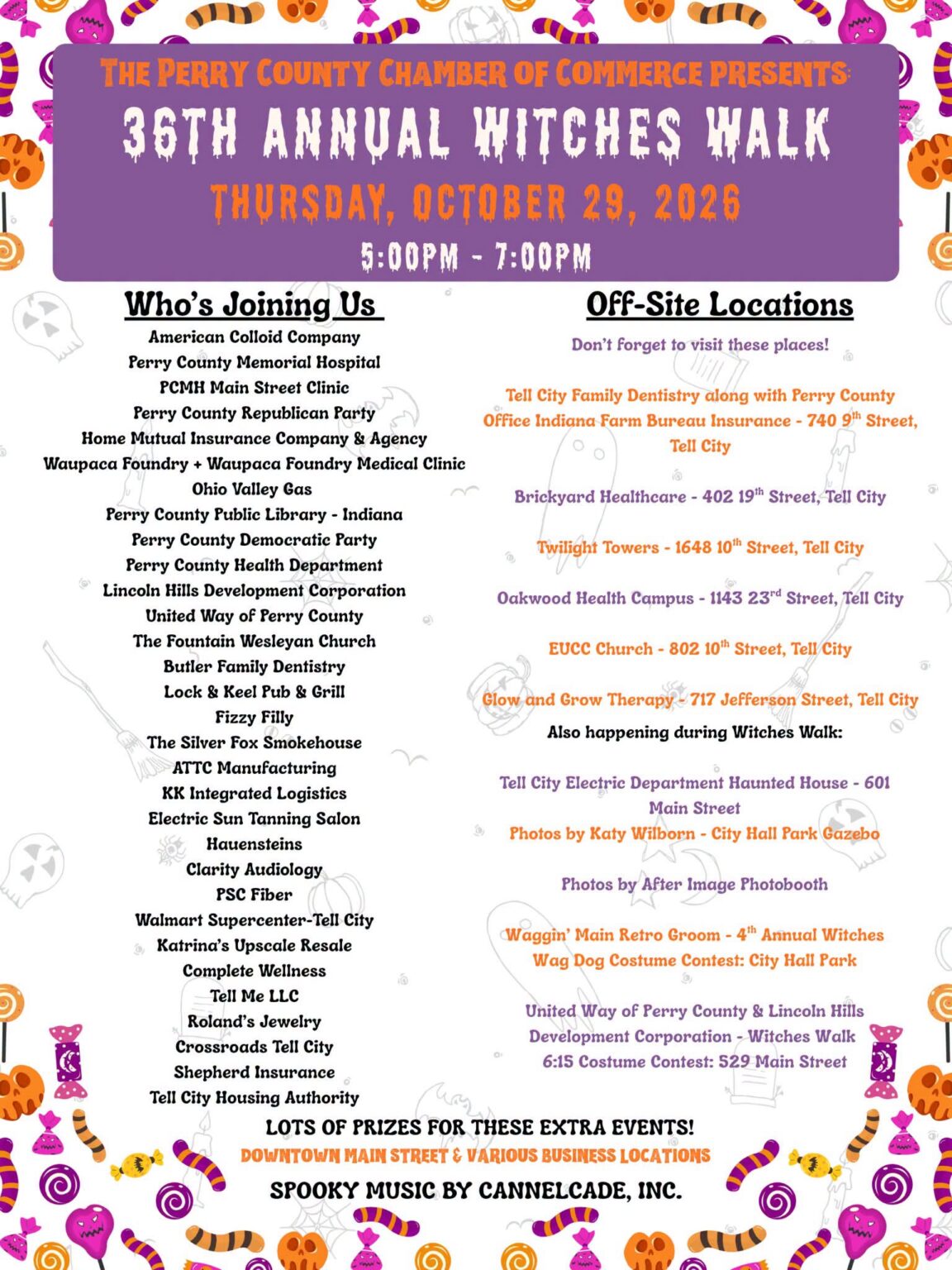 36th Annual Witches Walk event details for October 29, 2026, in Tell City.