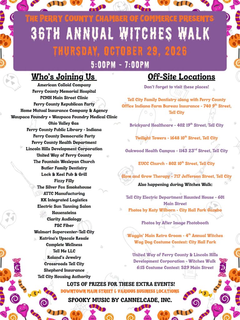36th Annual Witches Walk event details for October 29, 2026, in Tell City.
