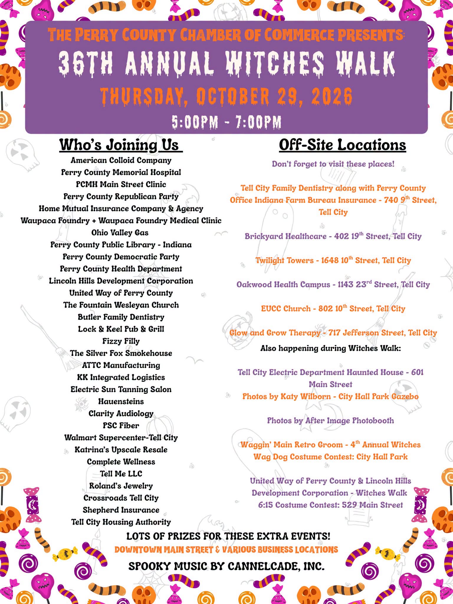 36th Annual Witches Walk event details for October 29, 2026, in Tell City.